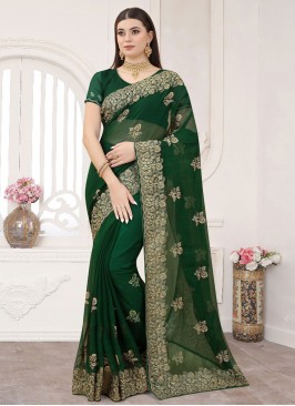 Contemporary Saree Embroidered Silk in Green