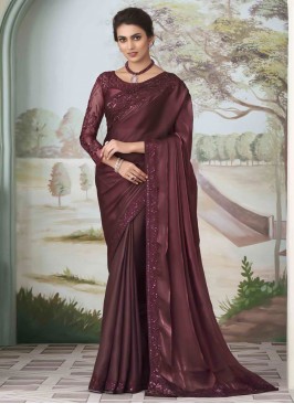 Contemporary Saree Embroidered Silk in Wine