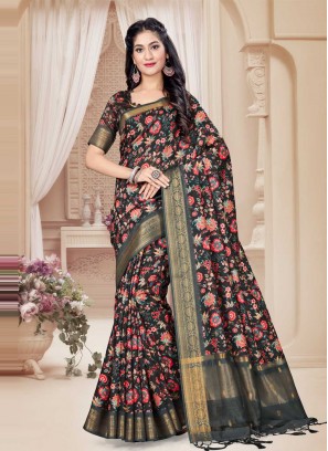 Contemporary Saree Floral Print Art Silk in Grey