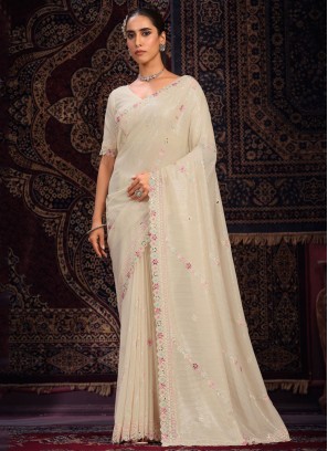 Contemporary Saree Mirror Georgette in Cream
