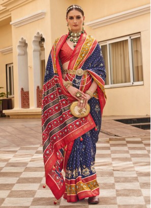 Contemporary Saree Patola Print Silk in Navy Blue