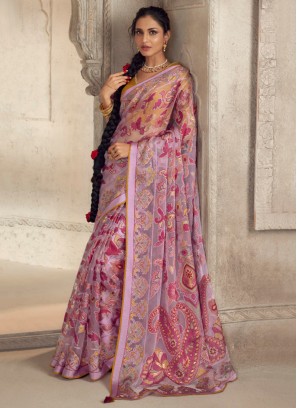 Contemporary Saree Printed Brasso in Pink