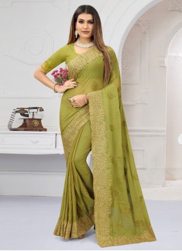 Contemporary Saree Resham Chiffon in Green