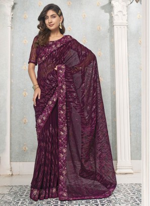 Contemporary Saree Sequins Faux Georgette in Wine