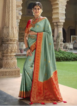 Contemporary Saree Weaving Satin Silk in Blue and Red