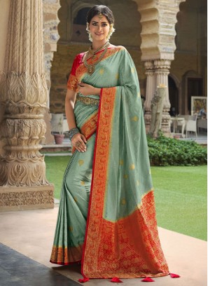 Contemporary Saree Weaving Satin Silk in Blue and Red