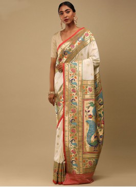 Contemporary Saree Woven Art Banarasi Silk in White