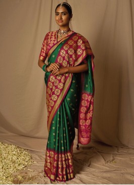 Contemporary Saree Woven Brasso in Green and Red