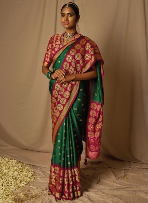 Contemporary Saree Woven Brasso in Green and Red