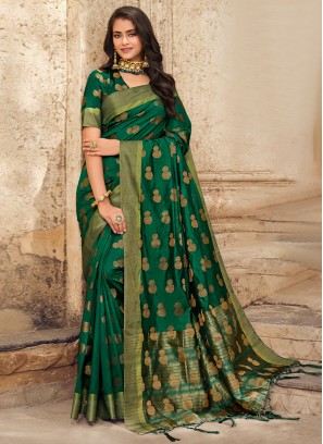 Contemporary Saree Woven Raw Silk in Green