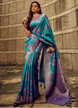Contemporary Saree Woven Satin in Teal