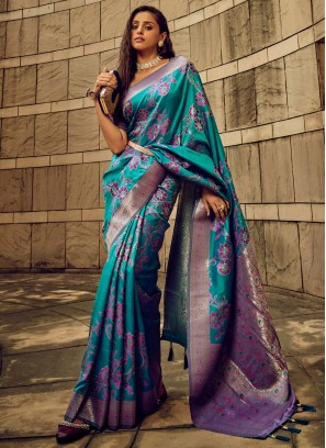 Contemporary Saree Woven Satin in Teal