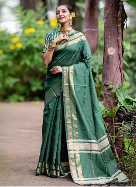 Contemporary Saree Woven Silk in Green