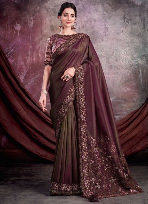 Contemporary Style Saree Embroidered Shimmer in Wine
