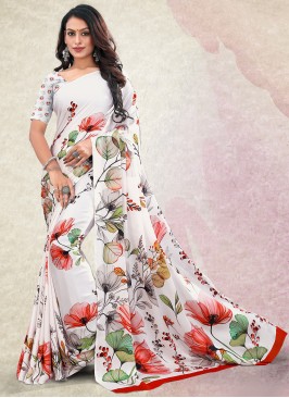 Contemporary Style Saree Floral Print Satin in White