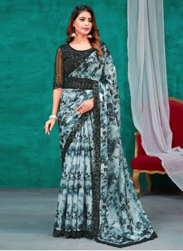 Contemporary Style Saree Sequins Silk in Blue