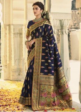 Contemporary Style Saree Swarovski Banarasi Silk in Navy Blue