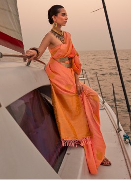 Contemporary Style Saree Weaving Satin in Orange