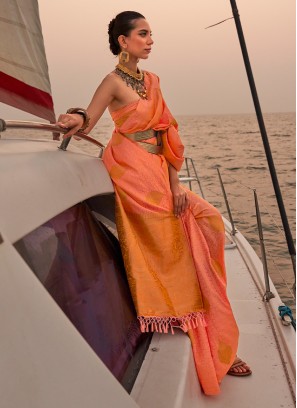 Contemporary Style Saree Weaving Satin in Orange