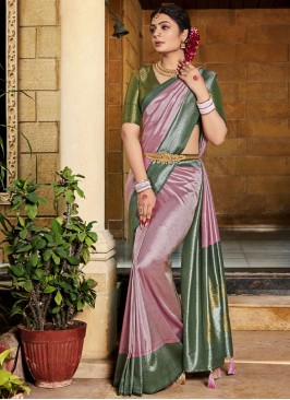 Contemporary Style Saree Weaving Silk in Green and Rose Pink