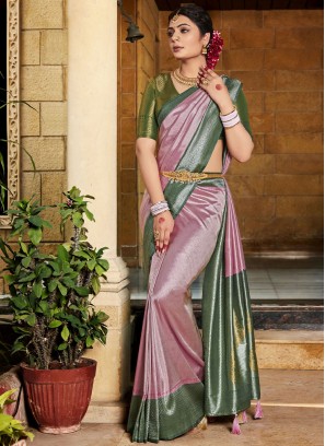 Contemporary Style Saree Weaving Silk in Green and Rose Pink