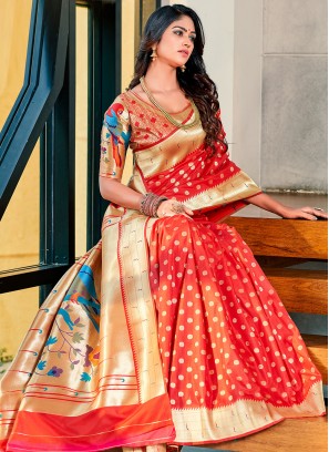 Contemporary Style Saree Weaving Silk in Red