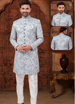 Grey and Off White Embriodered Indo-Western Ensemble.
