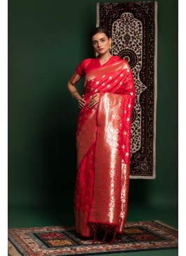 Coral Color Wedding Wear Heavy Wevon Design Saree