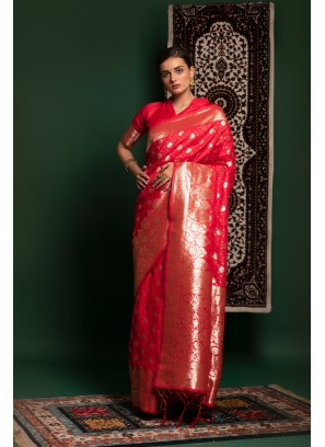 Coral Color Wedding Wear Heavy Wevon Design Saree