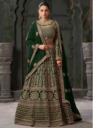 Cord Georgette Readymade Lehenga Choli in Green
