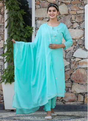 Cotton Aqua Blue Straight Salwar Kameez