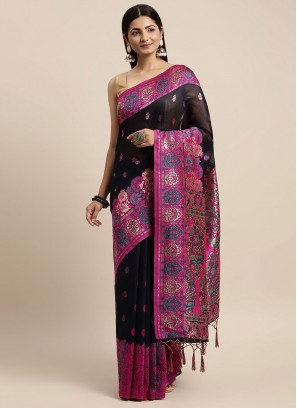 Cotton Black and Fuchsia Classic Saree