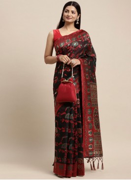 Cotton Black and Red Woven Traditional Saree