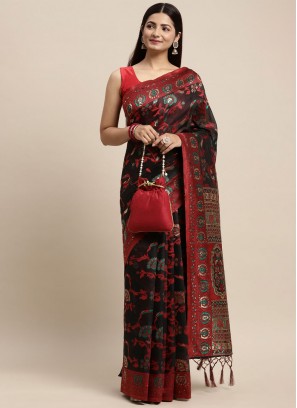 Cotton Black and Red Woven Traditional Saree