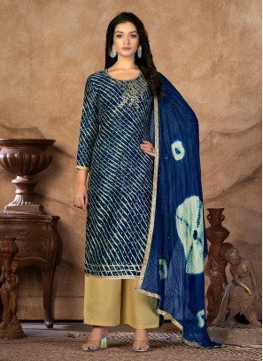 Cotton Blue Embroidered Straight Salwar Suit