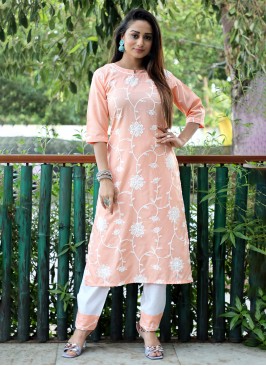 Cotton Embroidered Party Wear Kurti in Peach
