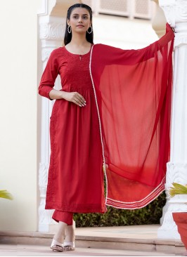 Cotton Embroidered Readymade Salwar Kameez in Red