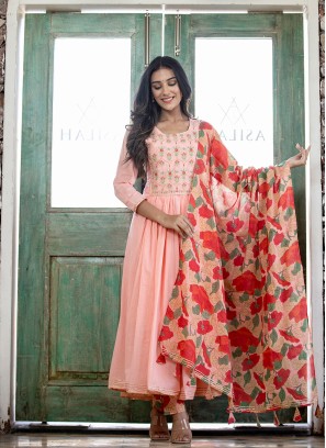 Cotton Embroidered Readymade Salwar Suit in Peach