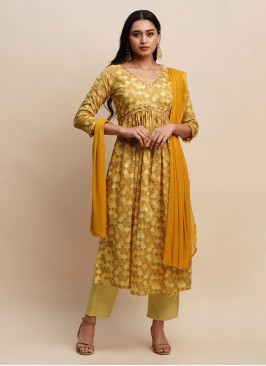 Cotton Floral Print Mustard Readymade Suit