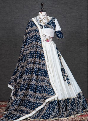 Cotton Foil Print Lehenga Choli in Blue and White