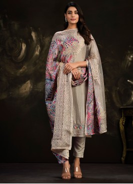 Cotton Grey Printed Pant Style Suit