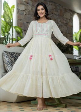 Cotton Off White Embroidered Designer Gown