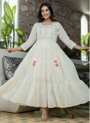 Cotton Off White Embroidered Designer Gown