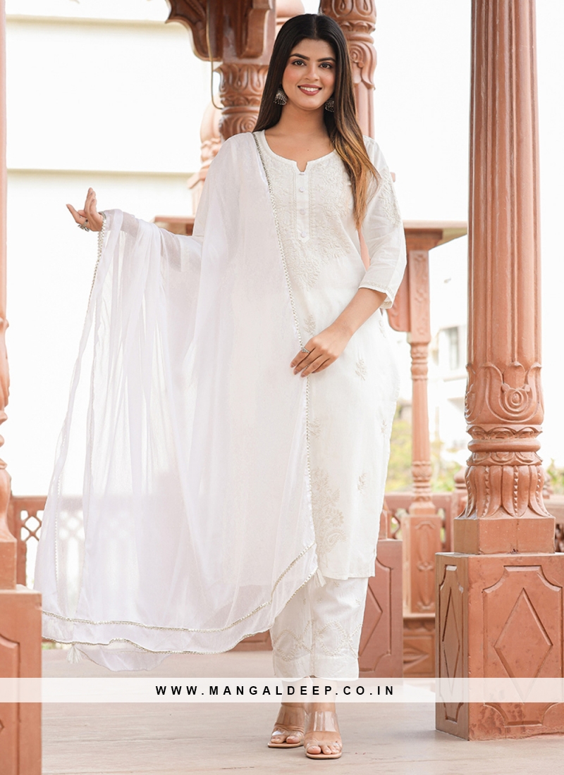 Stitched Cotton Hand Work Pant Style Suit In Cream Colour - SS1357120