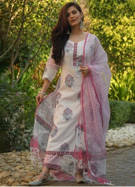 Cotton Off White Straight Salwar Kameez