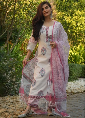 Cotton Off White Straight Salwar Kameez