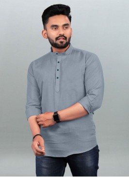 Cotton Plain Grey Short Kurta