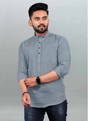 Cotton Plain Grey Short Kurta