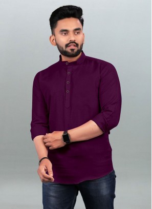 Cotton Plain Short Kurta in Purple