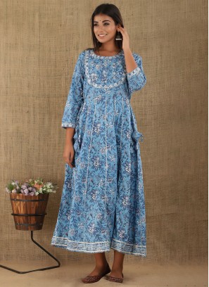 Cotton Printed Blue Gown